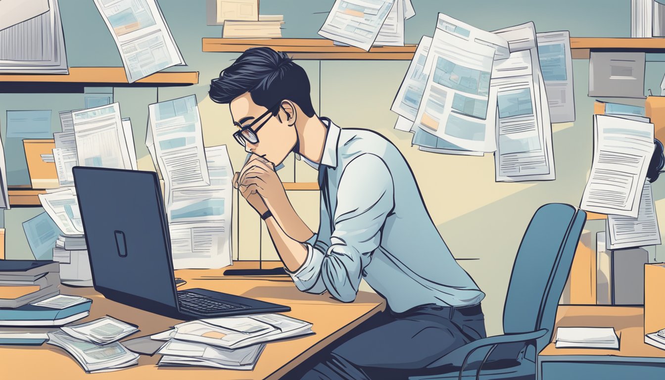 A person researching loan options in Singapore, surrounded by financial documents and a computer, with a thoughtful expression