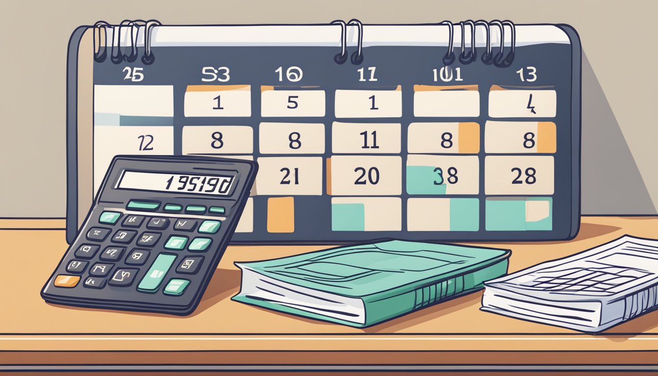 A stack of money with a calculator and loan documents, next to a calendar showing repayment dates