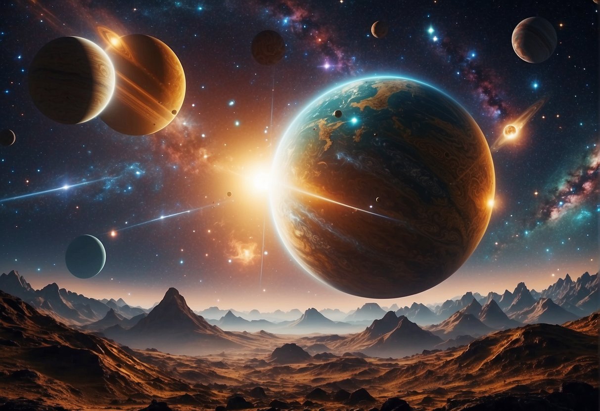 A colorful array of exoplanets orbiting a distant star, with swirling clouds and unique landscapes. The scene is set against a backdrop of twinkling stars and a glowing alien sun