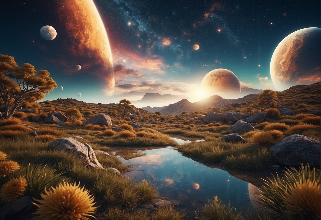 A vibrant, otherworldly landscape with swirling clouds and unique, alien flora and fauna. The sky is filled with multiple moons or a distant star, casting an ethereal glow over the scene