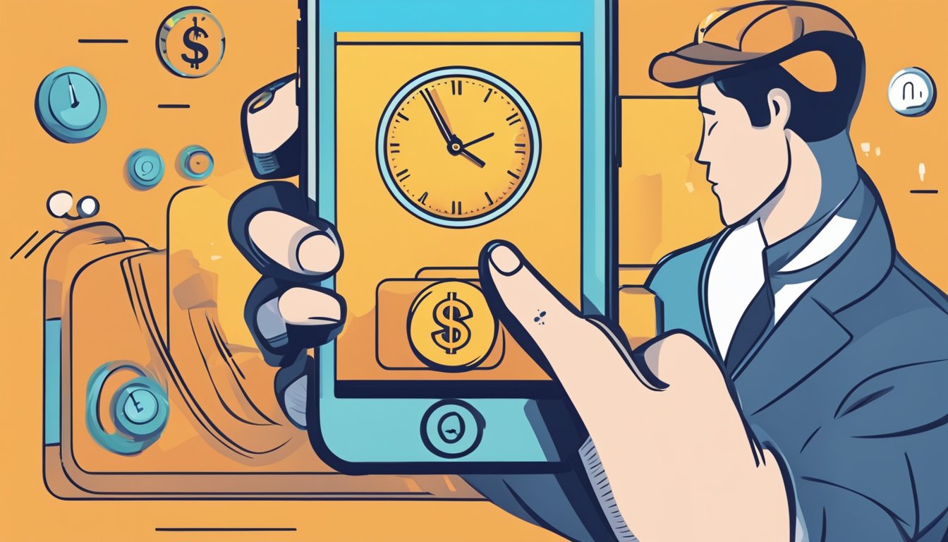 A person pressing a button on a mobile phone with a dollar sign icon, while a clock in the background shows the urgency of time