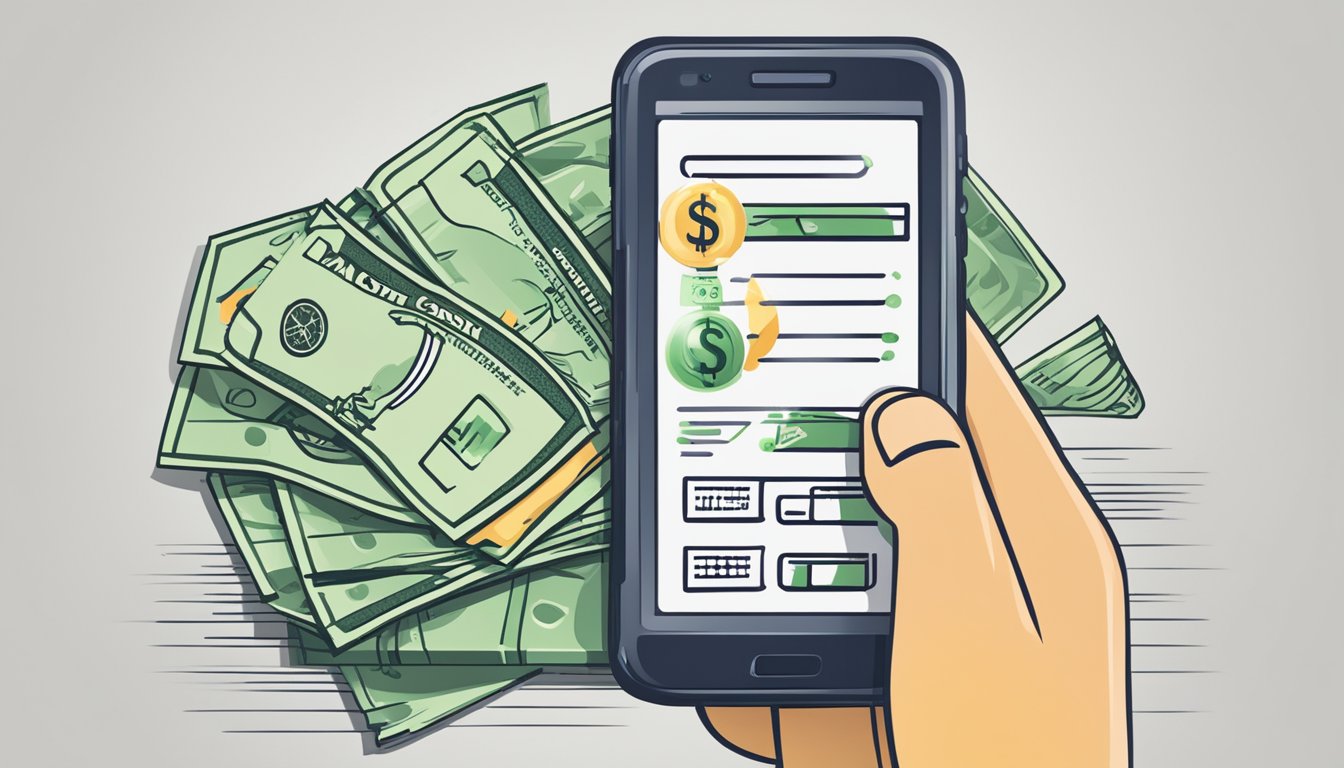 A smartphone displaying a cash application with the words "Maximising Benefits and Offers" and a quick cash option