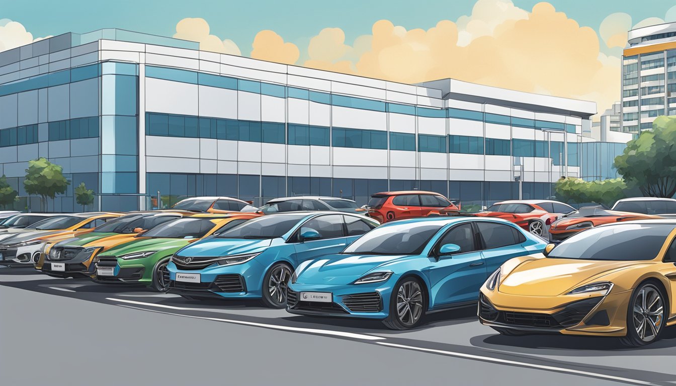 Cars line up at the Quick Test Centre in Singapore, with a clear blue sky above and a modern building in the background