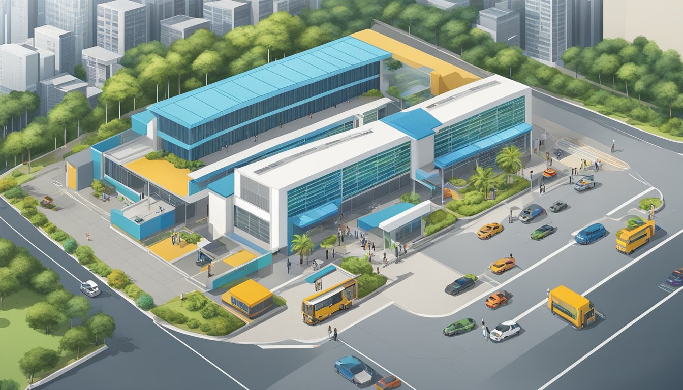 Aerial view of Quick Test Centres in Singapore, with people entering and exiting the facilities