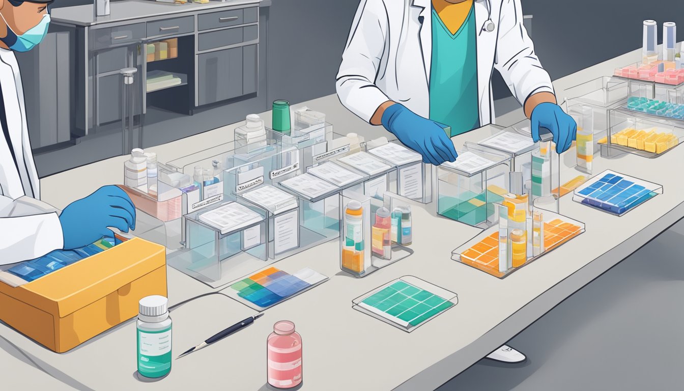 A table with various Covid-19 test kits displayed, a sign indicating "Types of Covid-19 Tests Available", and a healthcare professional assisting a patient