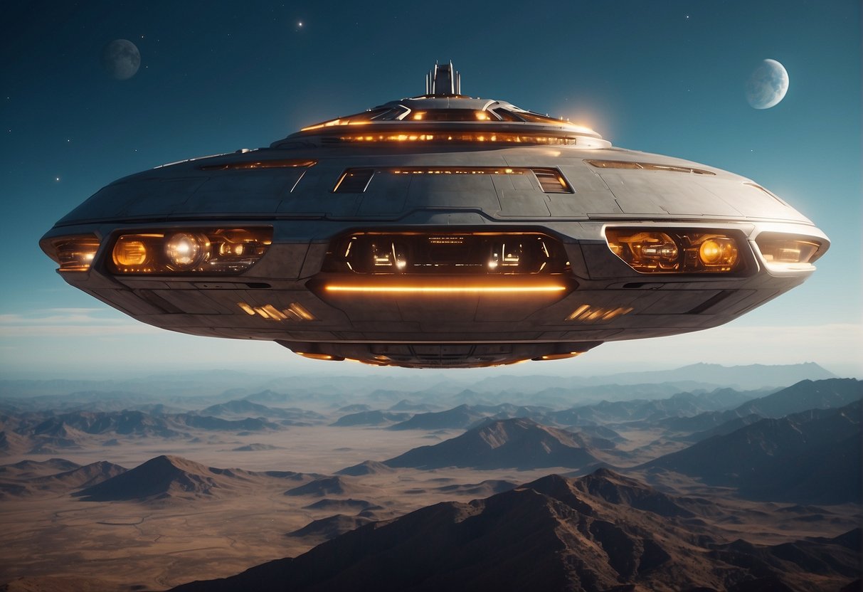 The spaceship hums with confidence, its sleek exterior exuding power. Its sharp angles and glowing engines convey a sense of determination and purpose