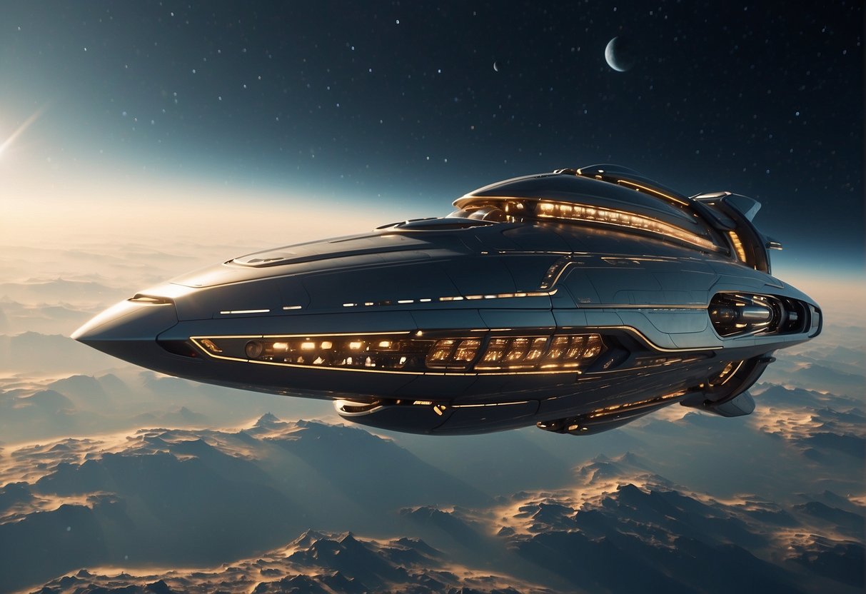 A sleek, futuristic spaceship hovers in the vastness of space, its metallic hull gleaming in the light of distant stars. The ship exudes an air of power and sophistication, with sleek lines and advanced technology evident in every detail