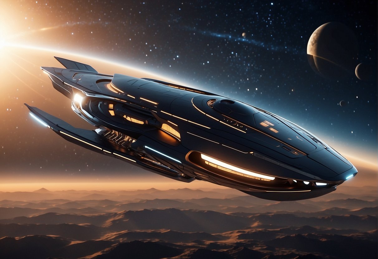 A sleek, futuristic spacecraft hovers in the starry expanse, emanating a sense of power and intelligence. Its smooth lines and glowing propulsion systems hint at advanced technology and capabilities beyond imagination