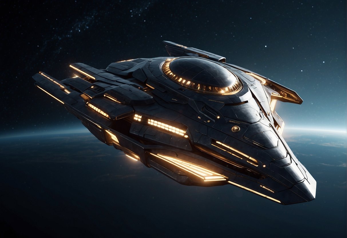 A spaceship hovers ominously, its sleek metallic exterior reflecting the harsh light of distant stars. Its angular design exudes a sense of power and mystery, evoking both fear and awe in those who behold it
