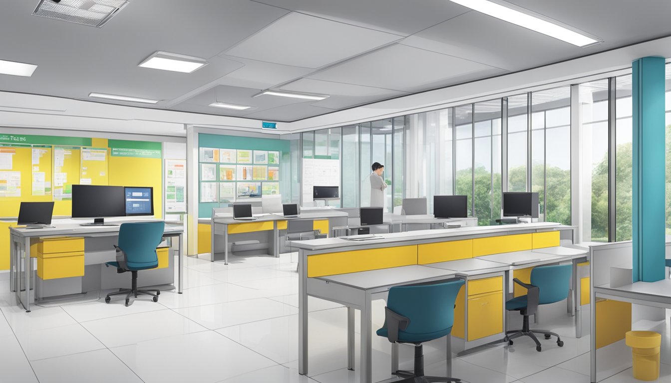 A modern, well-lit test centre in Singapore with clear signage and designated areas for specific groups