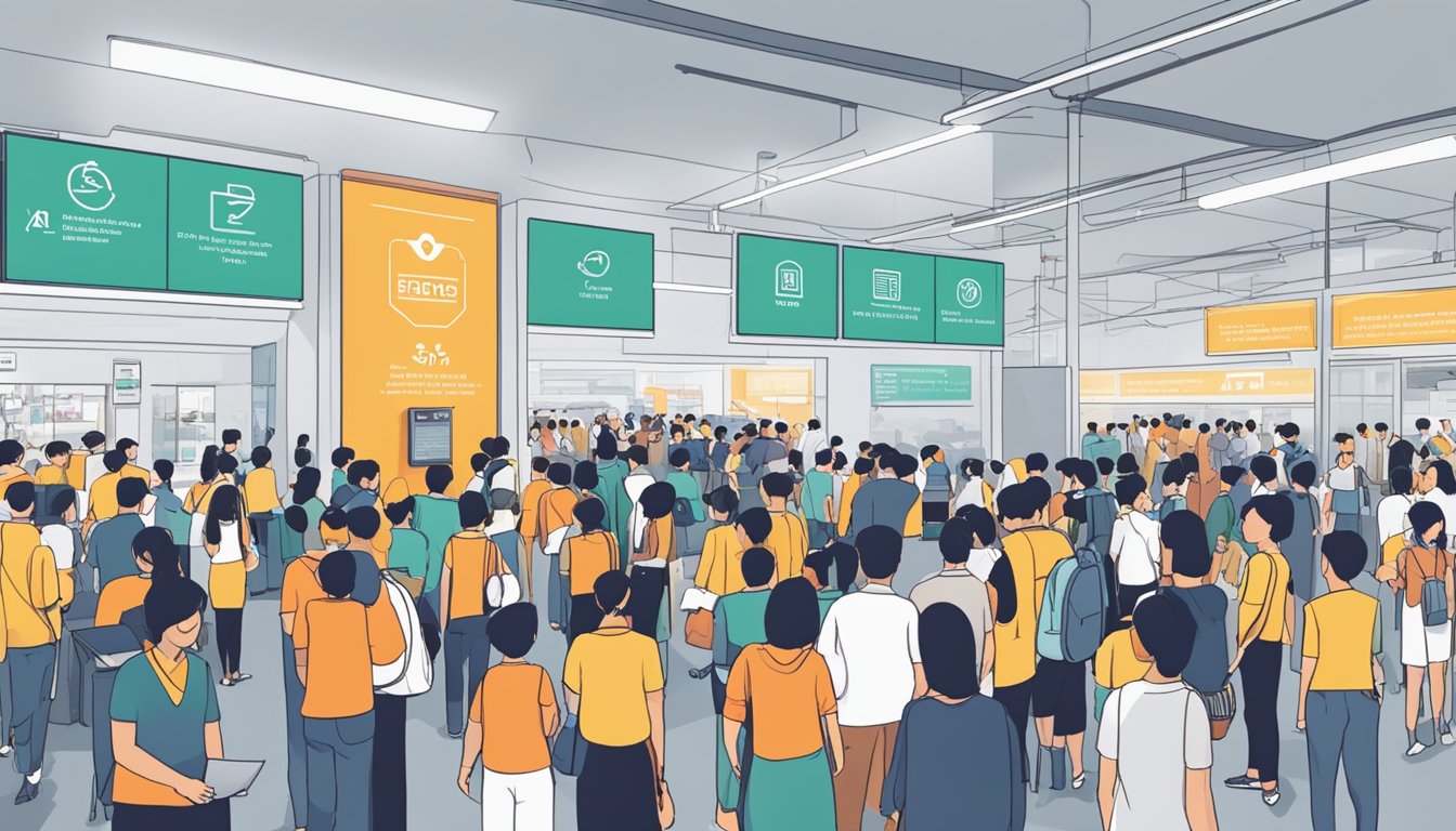 A bustling test centre in Singapore, with people lining up, signs indicating FAQs, and a sense of urgency in the air