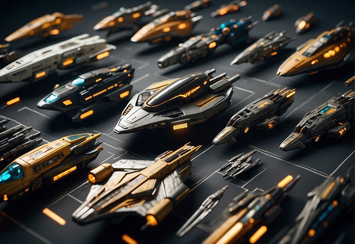 A diverse fleet of spaceships, each with unique designs and features, representing different classes and personalities in a sci-fi setting