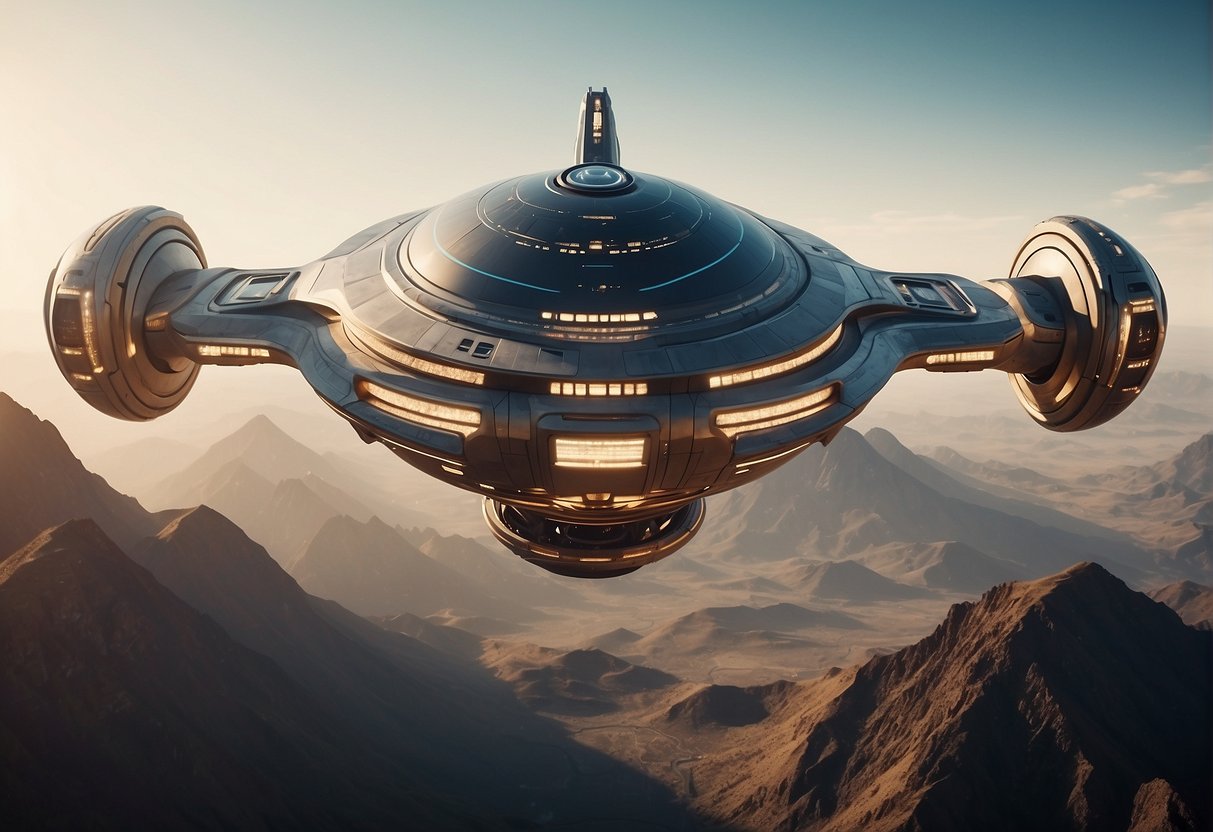 A futuristic spaceship hovers above a distant planet, surrounded by advanced technology and sleek, modern design elements