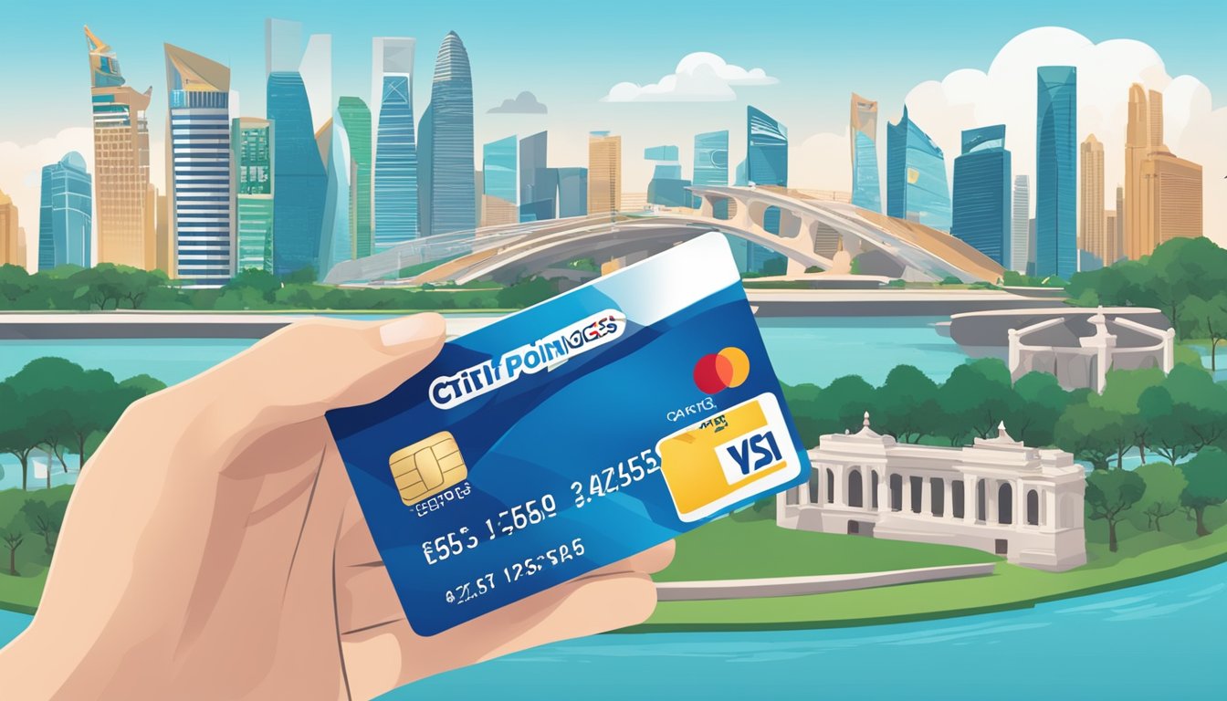 A hand holding a Citi credit card with the words "Credit Card Privileges" and "redeem m1 points" displayed, against a backdrop of iconic Singapore landmarks