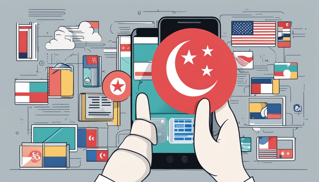A hand holding a Singaporean flag while tapping a smartphone with M1 logo, surrounded by terms and conditions text