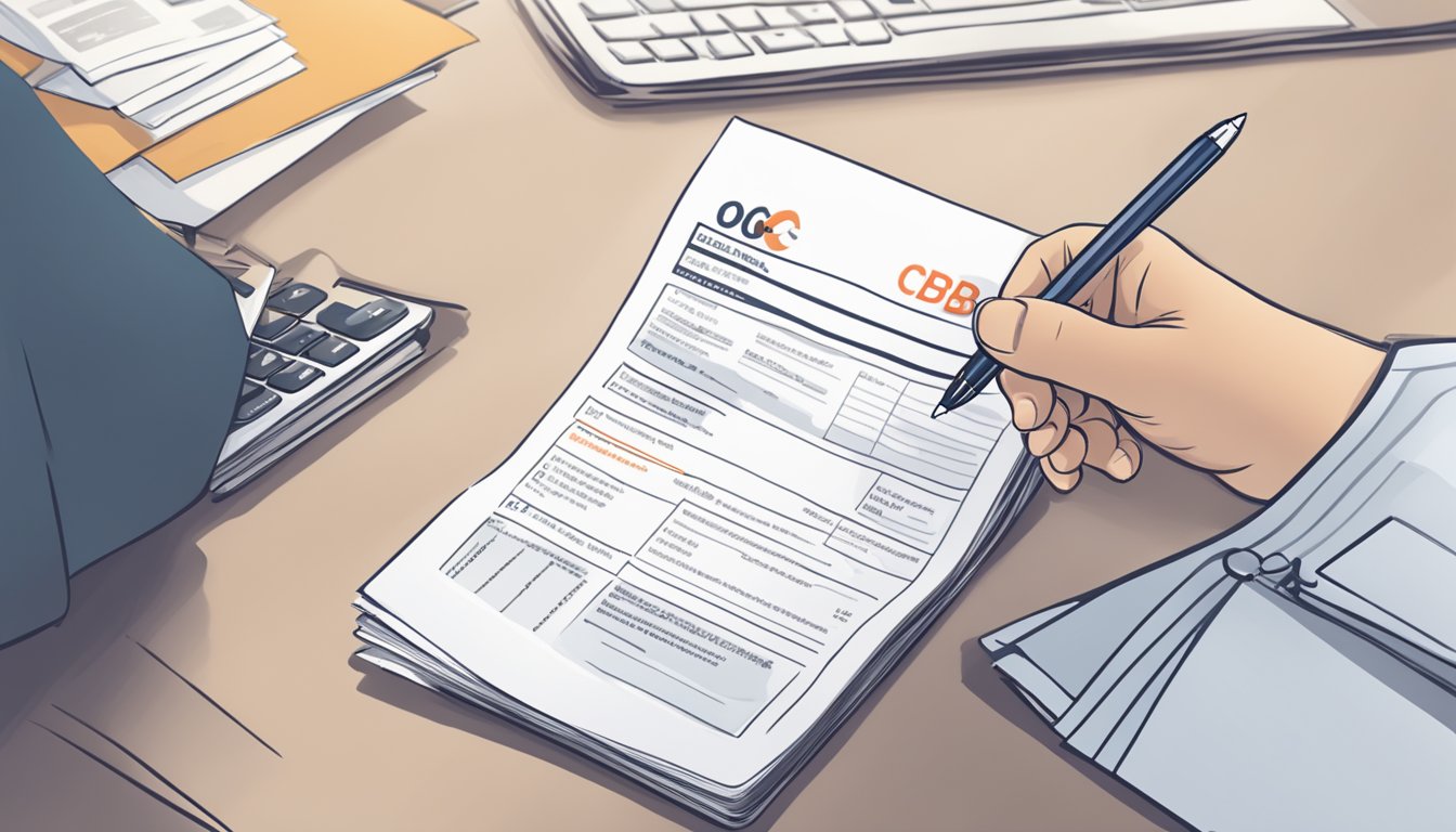 A person holding an OCBC Personal Loan brochure, with a checklist of eligibility requirements and a pen ready to fill out an application form