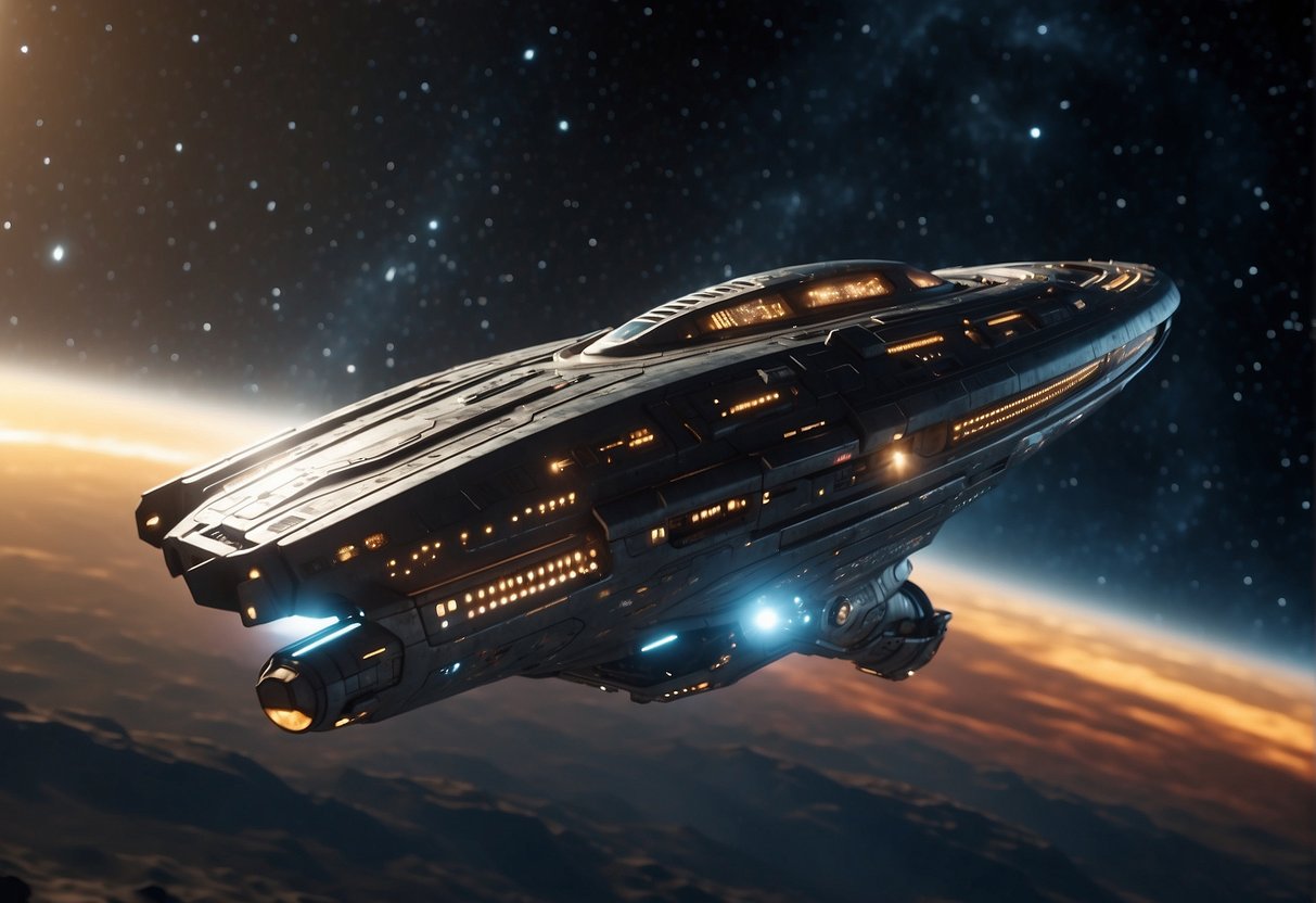 A spaceship hurtles through a starry void, its sleek design reflecting cutting-edge technology. The crew's dynamic is evident in their interactions, capturing the essence of character development in a futuristic setting