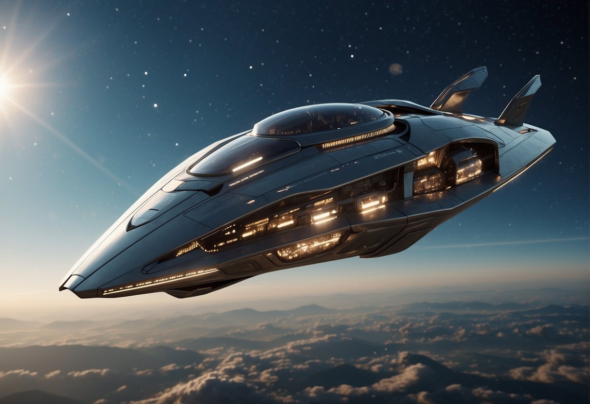 A sleek, futuristic spaceship hovers in the vastness of space, surrounded by dazzling digital effects and advanced camera equipment
