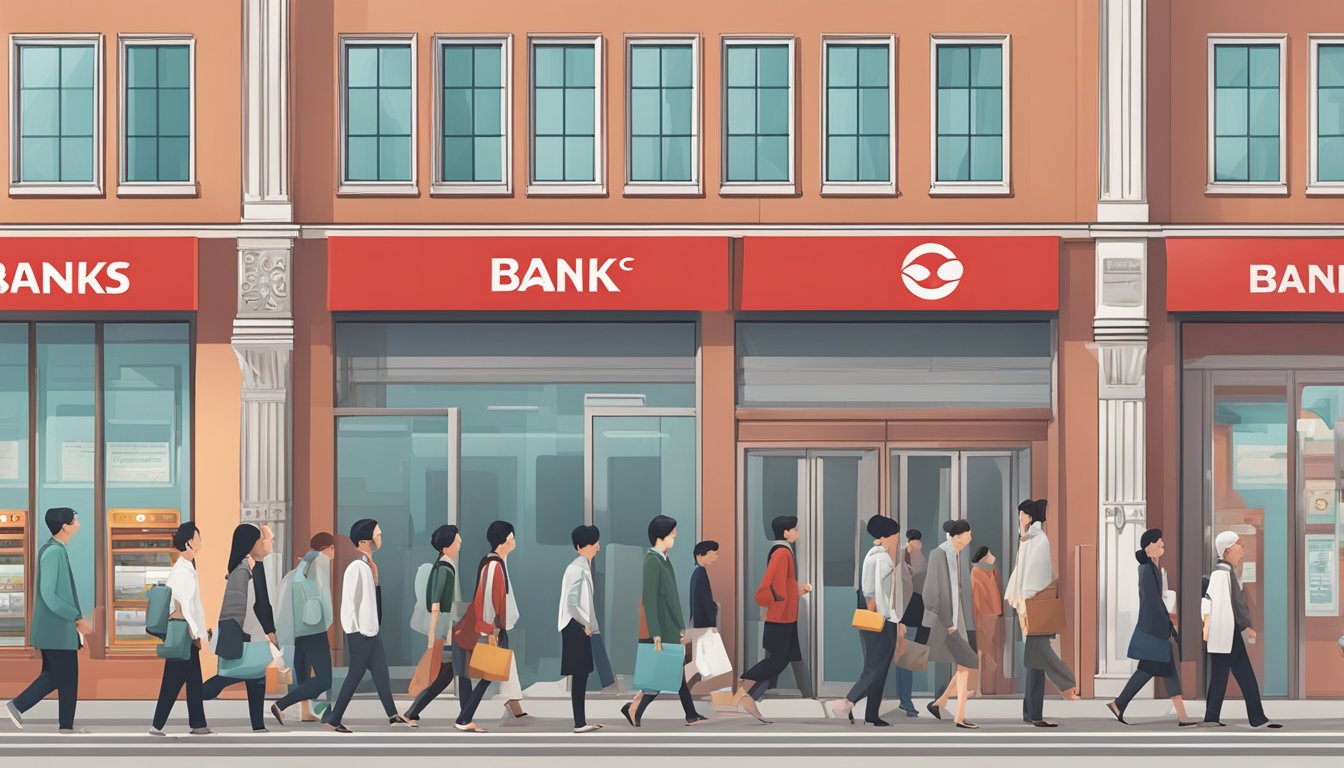 A group of banks, including OCBC, are lined up side by side. Each bank is represented by its logo and signage, with people walking in and out of the establishments