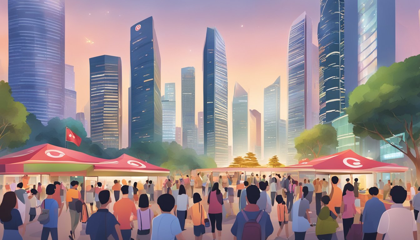 A vibrant city skyline with the iconic OCBC building standing tall, surrounded by bustling streets and people enjoying the benefits of redeeming OCBC rewards in Singapore