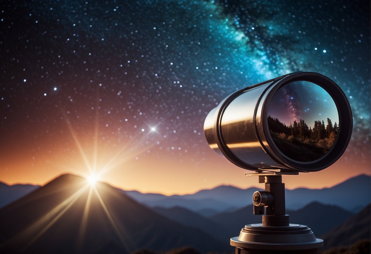 A telescope points towards a vibrant, star-filled sky. A holographic display shows complex equations and diagrams. The scene is filled with futuristic technology and a sense of wonder