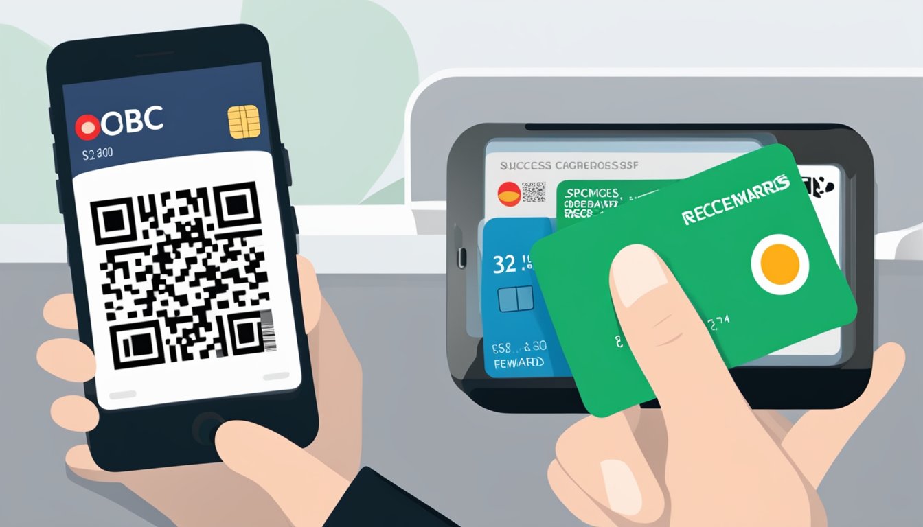 A hand holding an OCBC Rewards card with a QR code, a smartphone scanning the code, and a notification of successful redemption on the screen