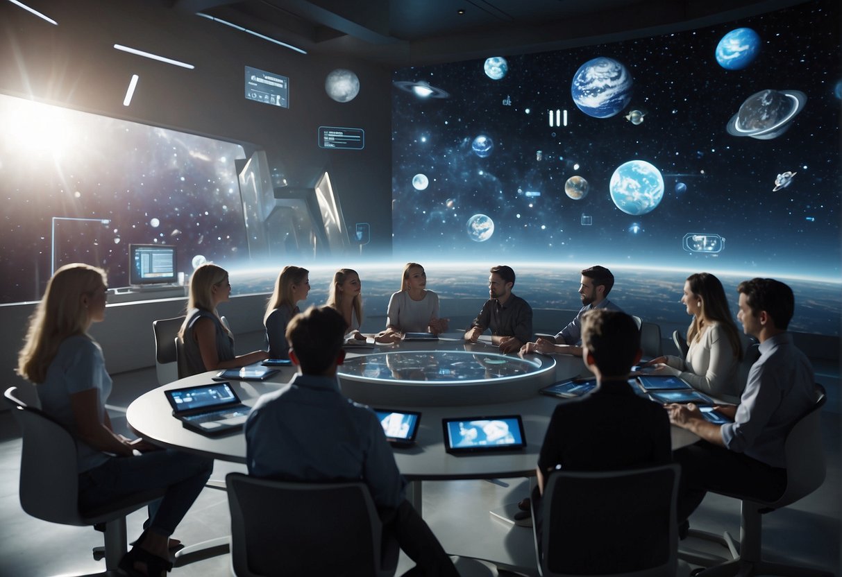 A futuristic classroom floating in space, with holographic screens displaying educational content. A diverse group of students eagerly engaged in learning about the universe