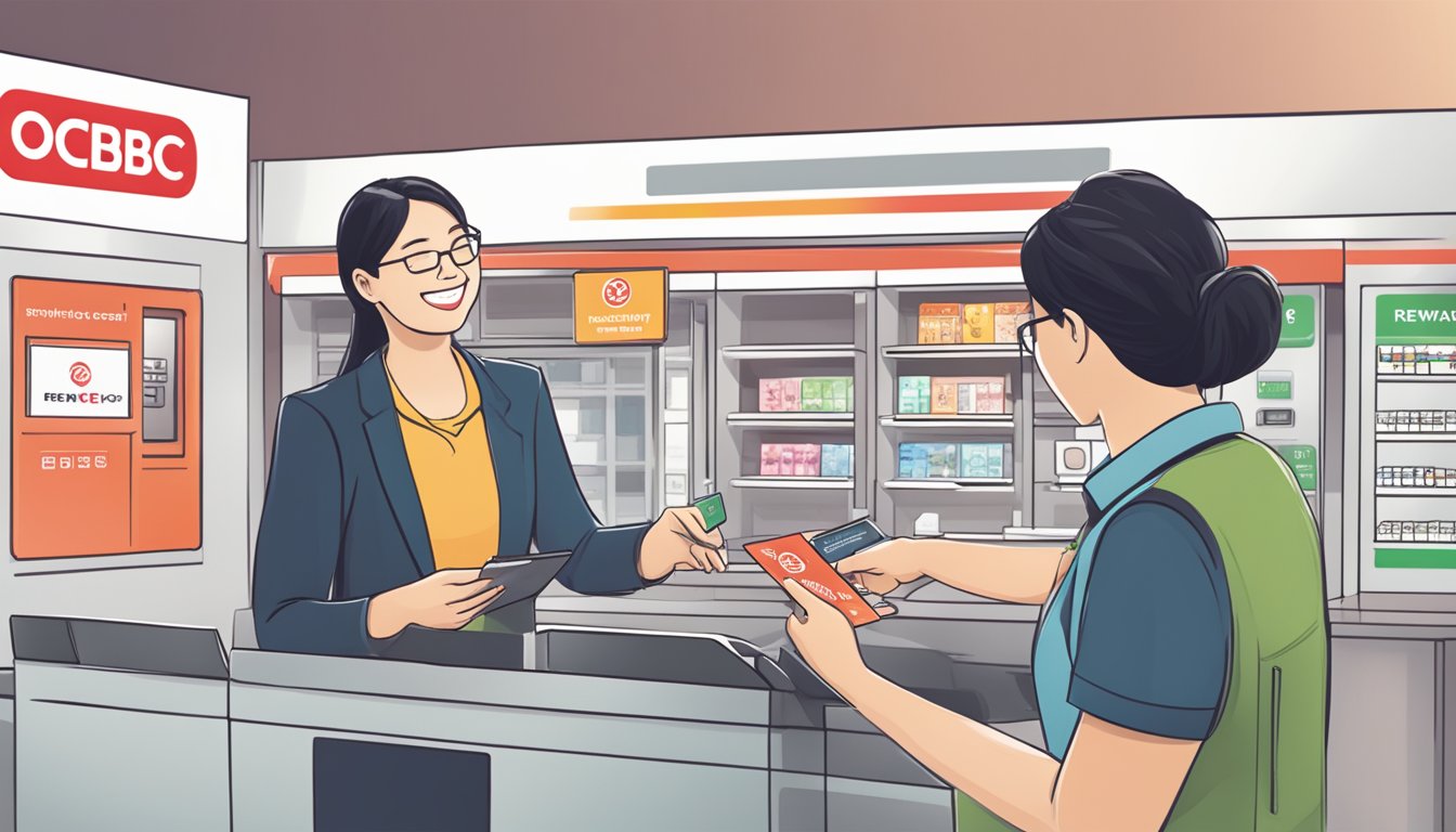 A person swiping an OCBC card at a rewards redemption counter with a smile