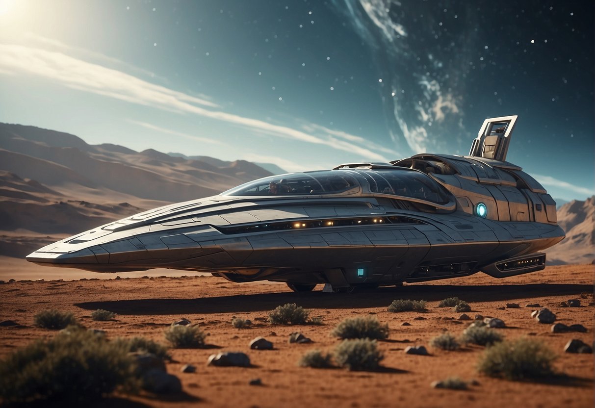 A sleek spaceship with advanced technology explores a distant planet, while futuristic space stations and vehicles dot the cosmic landscape