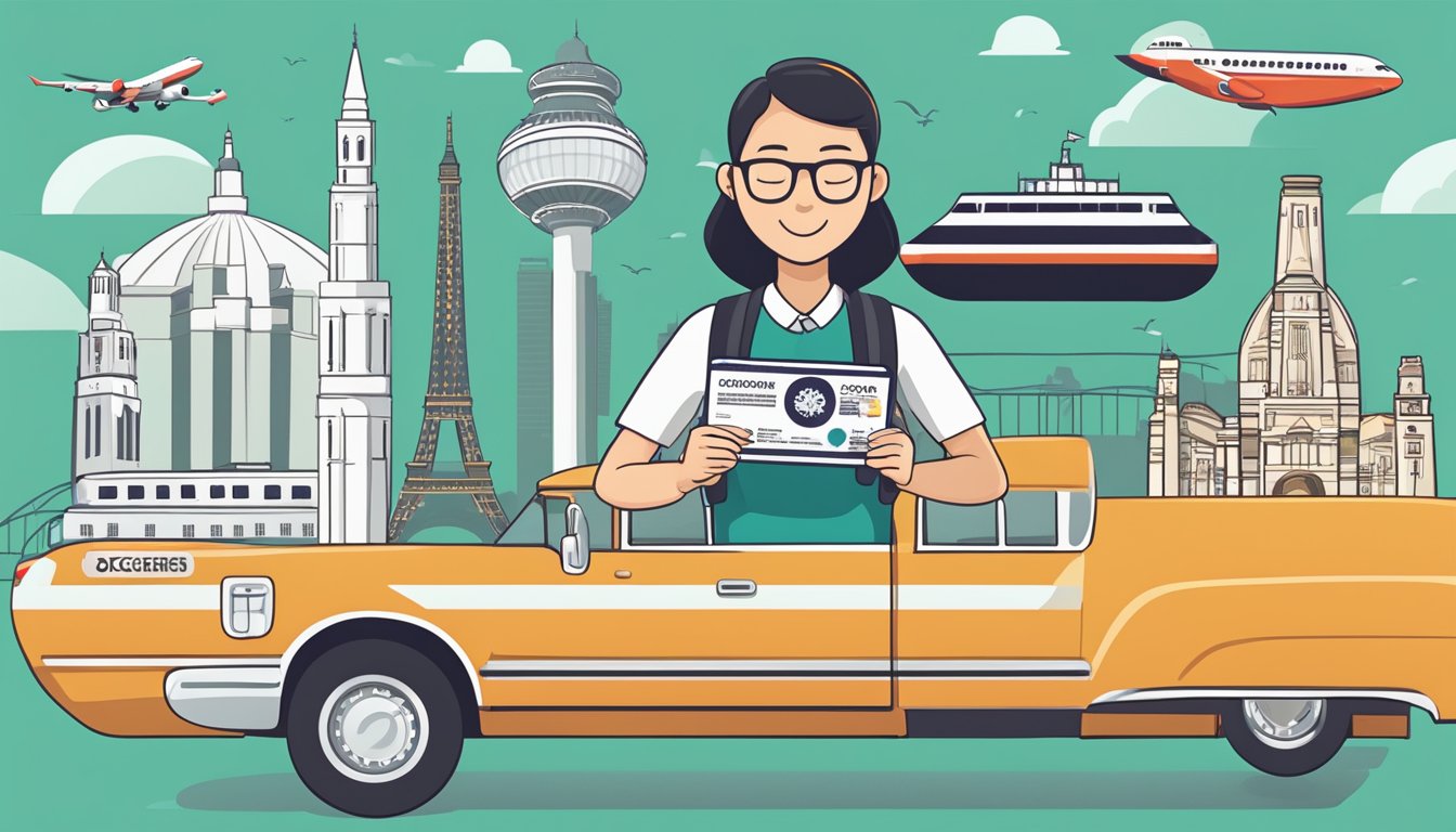 A traveler holding a passport and boarding pass, surrounded by iconic landmarks and modes of transportation, with the OCBC Rewards logo prominently displayed