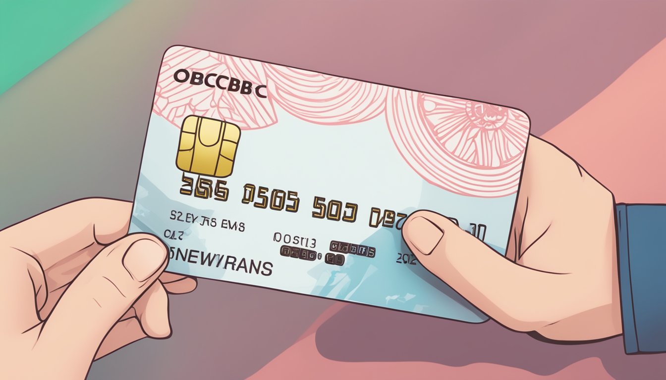 A hand holding an OCBC Rewards card, with terms and conditions text in the background