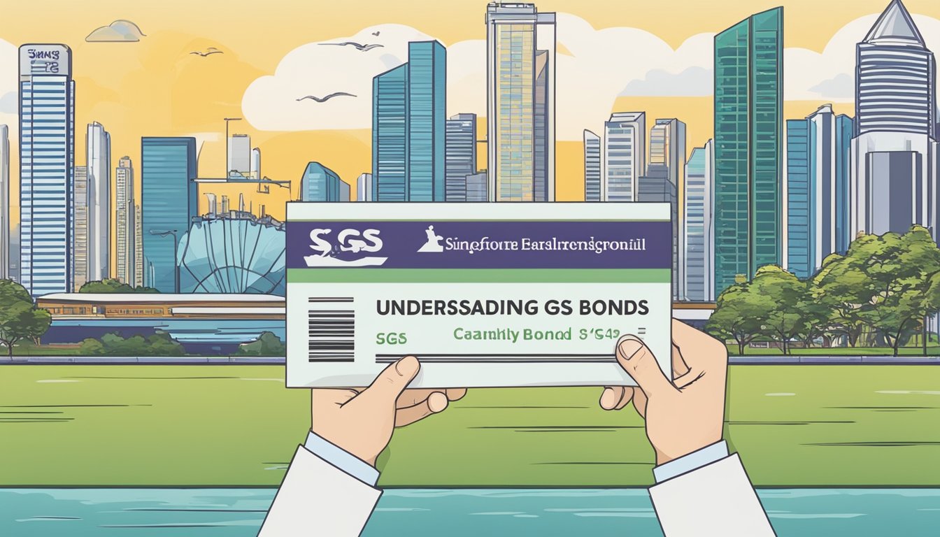 A hand holding a Singapore Savings Bond with the words "Understanding SGS Bonds" written on it, with a backdrop of the Singapore skyline