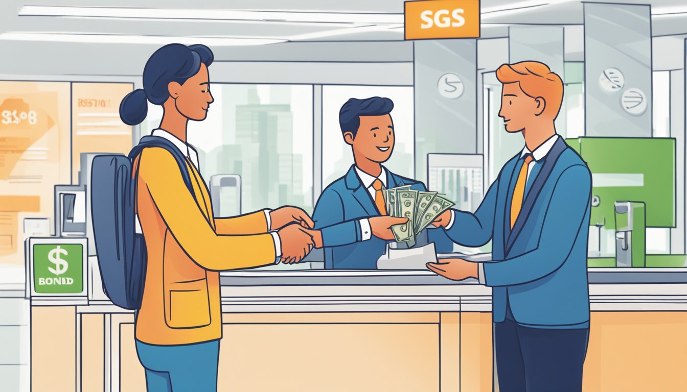 A person holding SGS bonds and exchanging them for cash at a bank counter