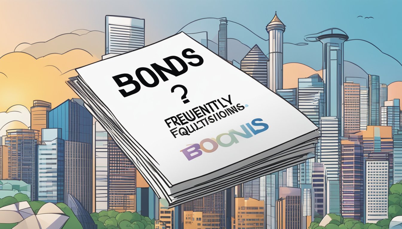 A stack of SGS bonds with "Frequently Asked Questions" displayed, against a backdrop of the Singapore skyline