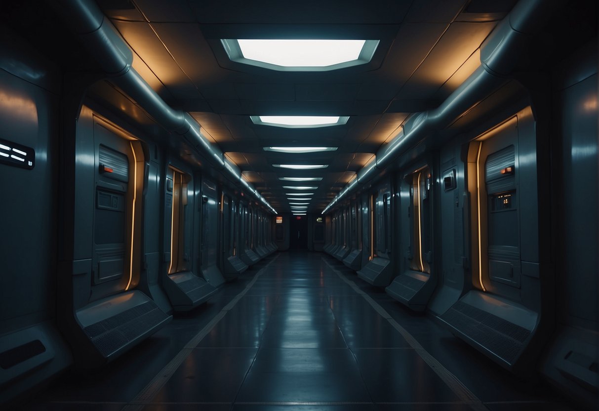 A dimly lit spaceship corridor, flickering lights, and eerie silence. The feeling of isolation and dread permeates the air, as if something sinister lurks around every corner