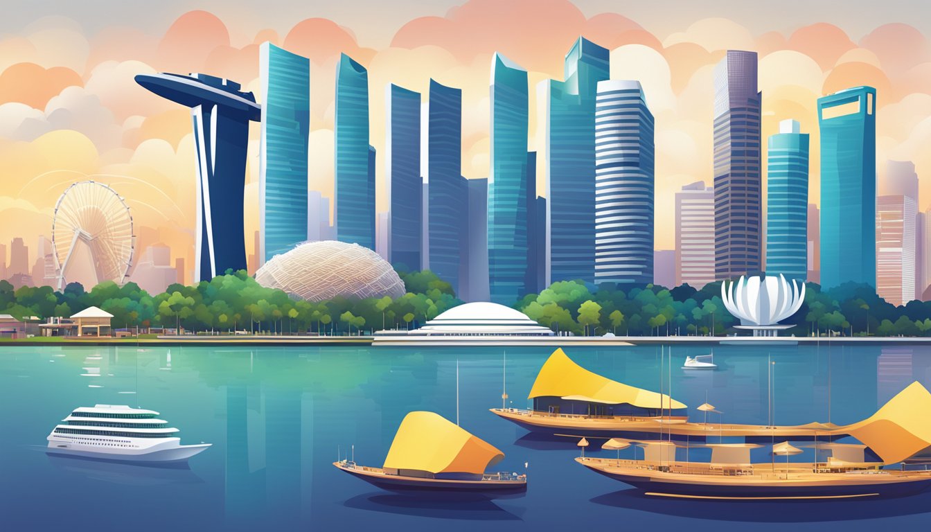 A vibrant cityscape with iconic landmarks of Singapore, including the towering skyscrapers of the Central Business District and the futuristic design of the Marina Bay Sands