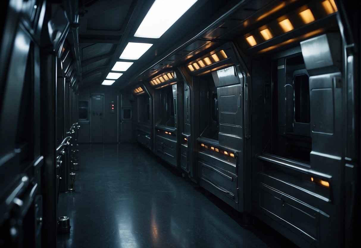 A dimly lit spaceship corridor with flickering lights, dripping pipes, and ominous shadows. The air is heavy with tension and the sound of distant, unsettling noises adds to the feeling of isolation and fear