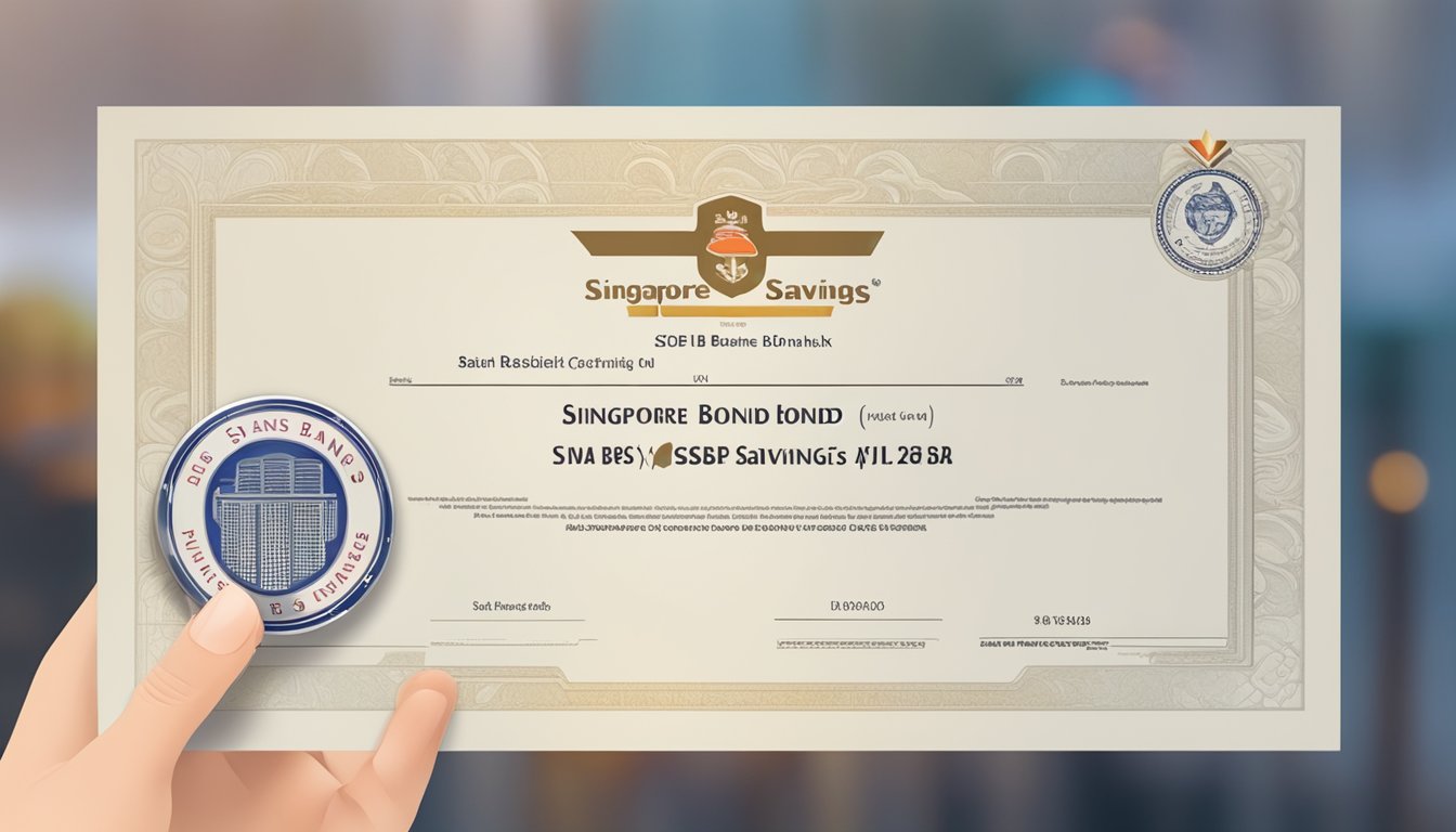 A hand holding a Singapore Savings Bond (SSB) certificate, with a DBS bank logo in the background