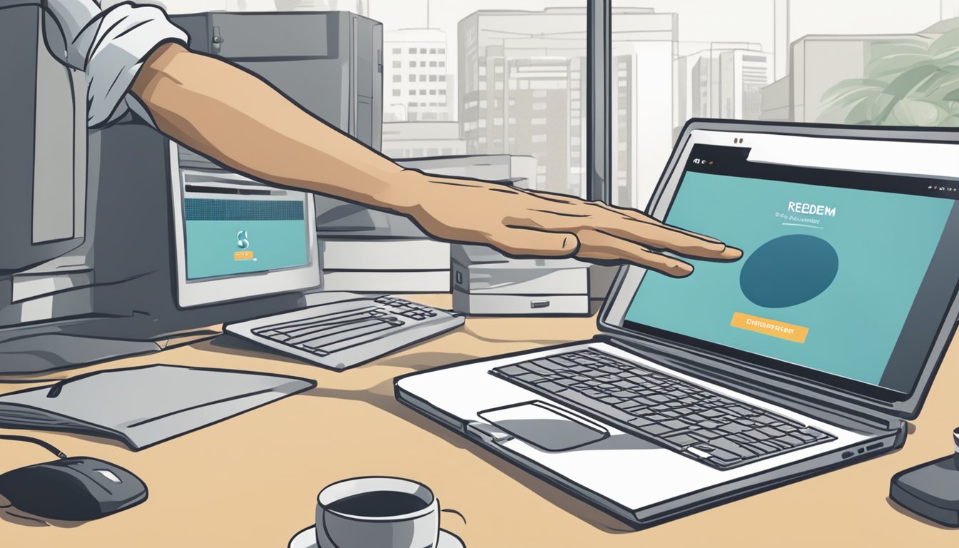 A hand reaching out to a computer screen, clicking on the "Redeem SSB" button on the DBS Singapore website