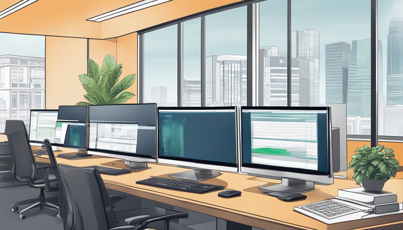 A modern office setting with a computer screen displaying SSB Investment Options, and a DBS Singapore logo in the background
