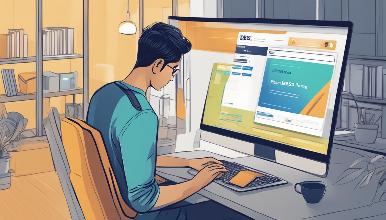 A person accessing their SSB portfolio online, clicking the "redeem" button, with a DBS Singapore logo in the background