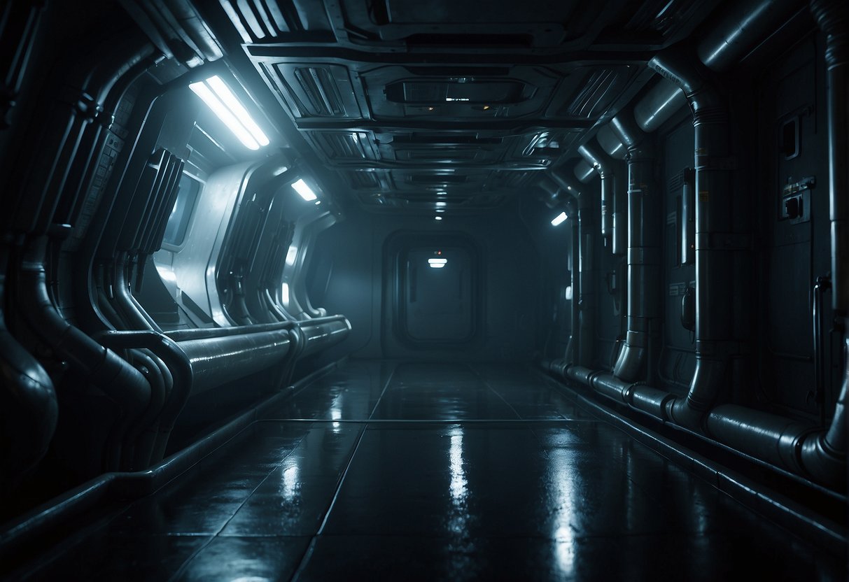 A dimly lit spaceship corridor, flickering lights, dripping pipes, and ominous shadows create an eerie atmosphere of space horror and isolation