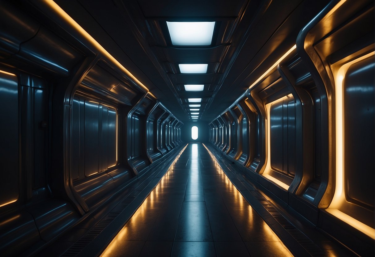 A dimly lit spaceship corridor, filled with ominous shadows and flickering lights, creating an atmosphere of dread and isolation
