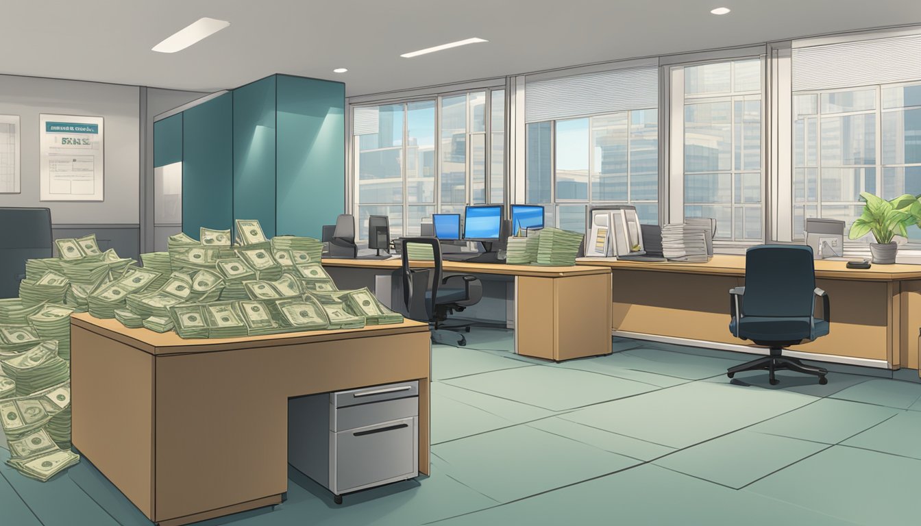 A well-lit office with a sturdy desk, a safe, and a stack of cash. A sign on the wall reads "Reliable Money Lenders Singapore."
