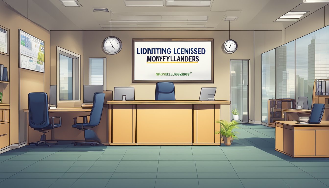 A signboard with the words "Identifying Licensed Moneylenders" displayed prominently, with the backdrop of a trustworthy and professional office setting