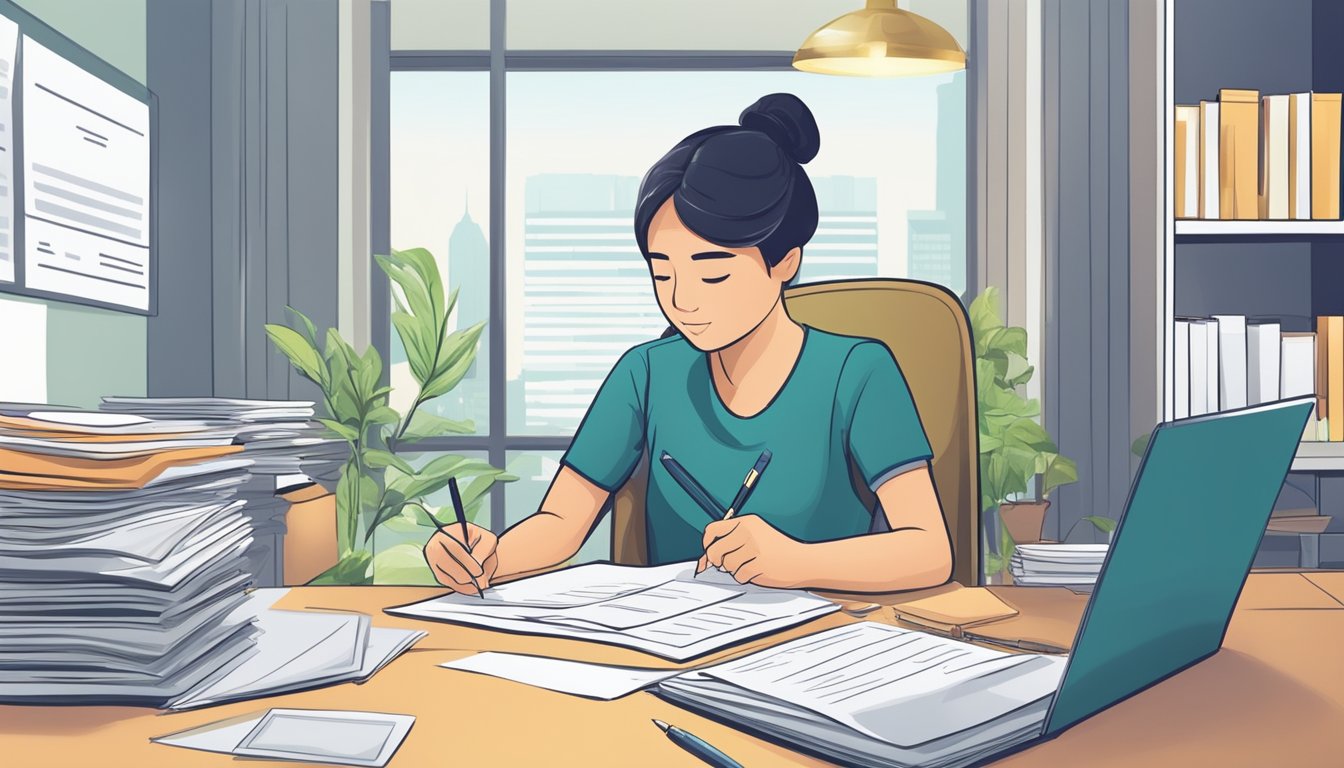A person sitting at a desk, filling out a loan application form with a pen, while a reliable money lender in Singapore reviews their financial documents