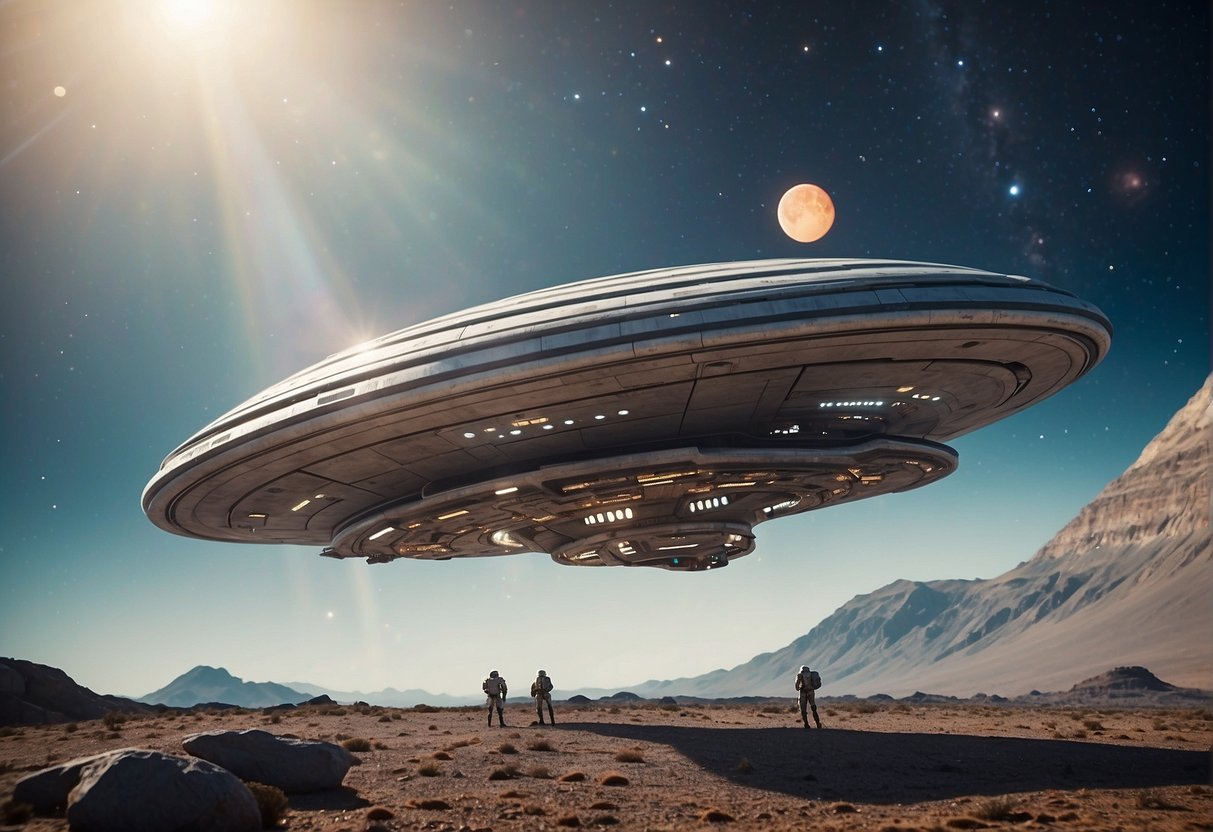 Star Trek Beyond - A spaceship hovers above a colorful alien planet, with a crew of astronauts preparing to film the final frontier for "Star Trek Beyond"