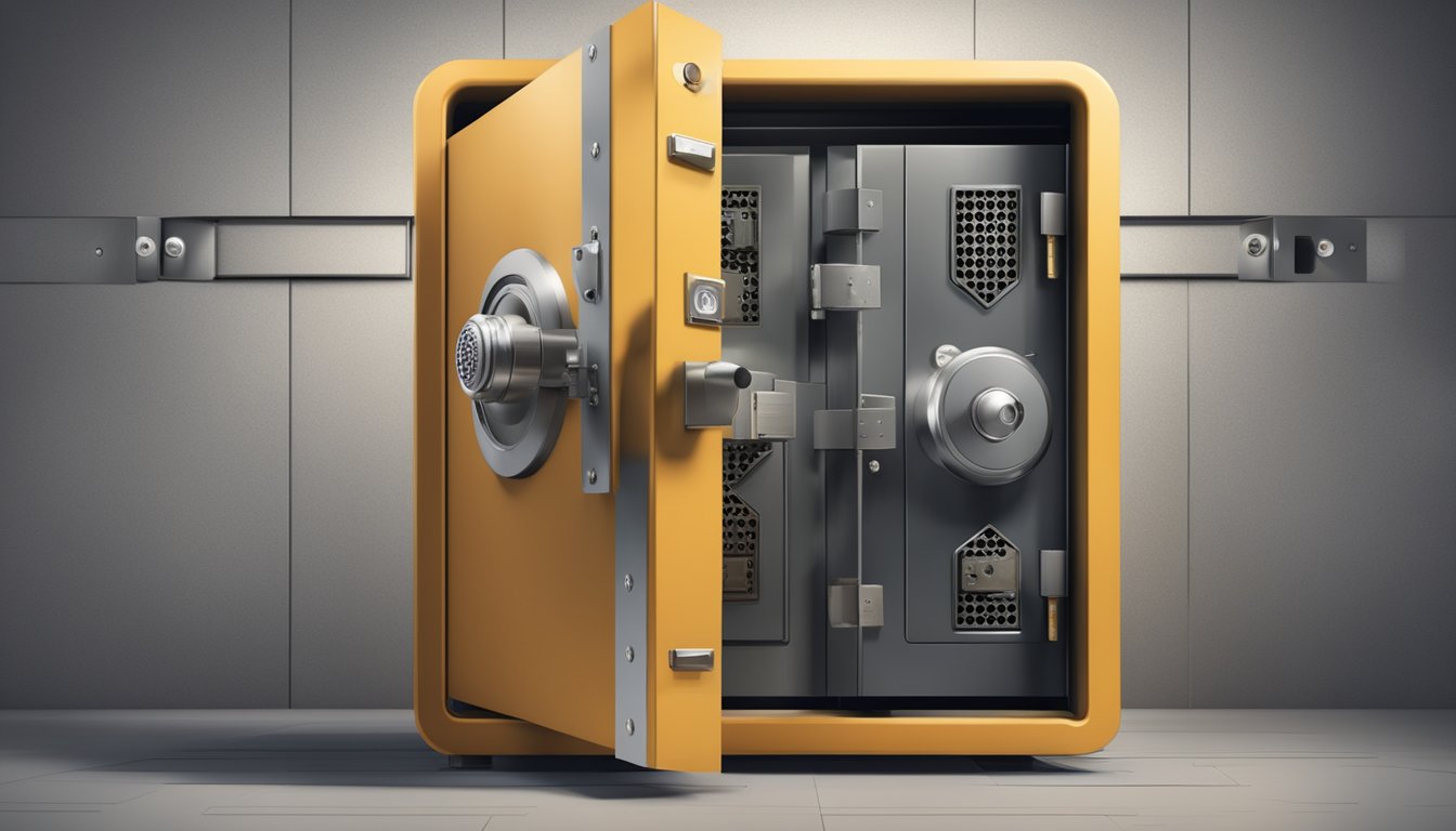 A secure vault with a sturdy lock and key, surrounded by security cameras and a vigilant guard, ensuring a safe borrowing experience