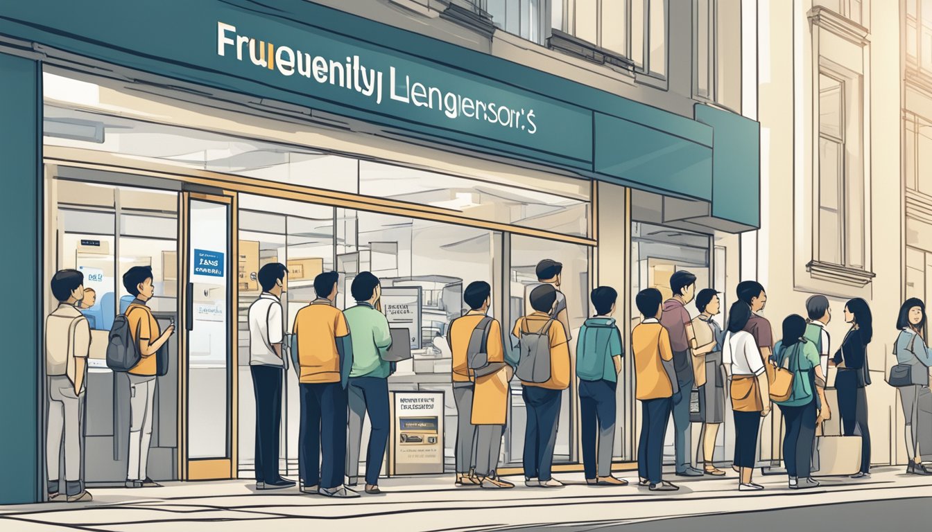 A group of people standing in line outside a reliable money lender's office in Singapore, with a sign displaying "Frequently Asked Questions" prominently displayed