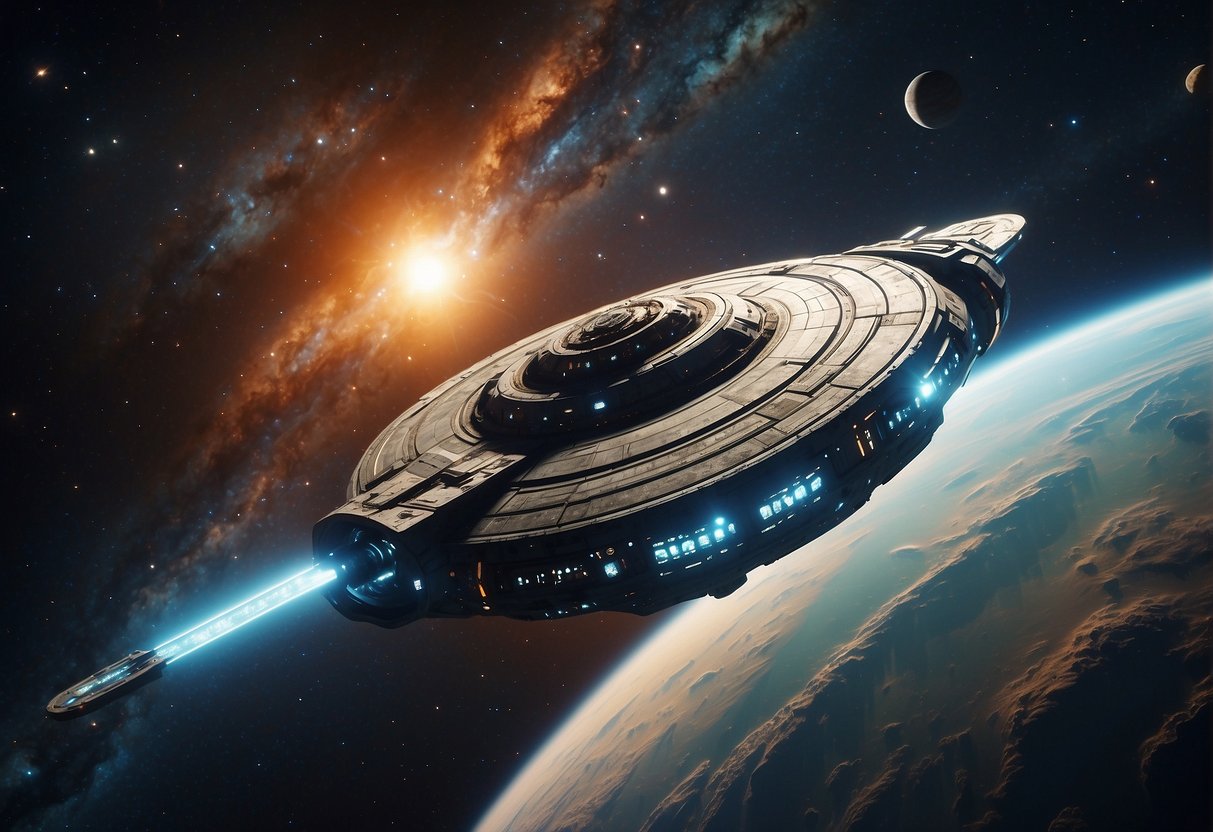 The spaceship glides through a cosmic nebula, surrounded by swirling colors and bright stars. The crew operates advanced cameras, capturing the breathtaking beauty of the final frontier